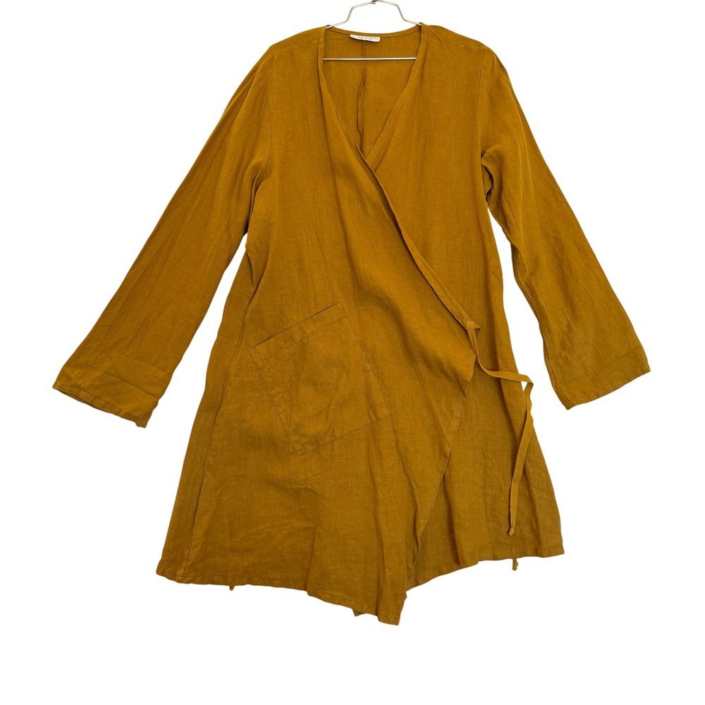 Bryn Walker Mustard Yellow Linen Wrap Tunic Top Long Sleeve Lagenlook Jacket